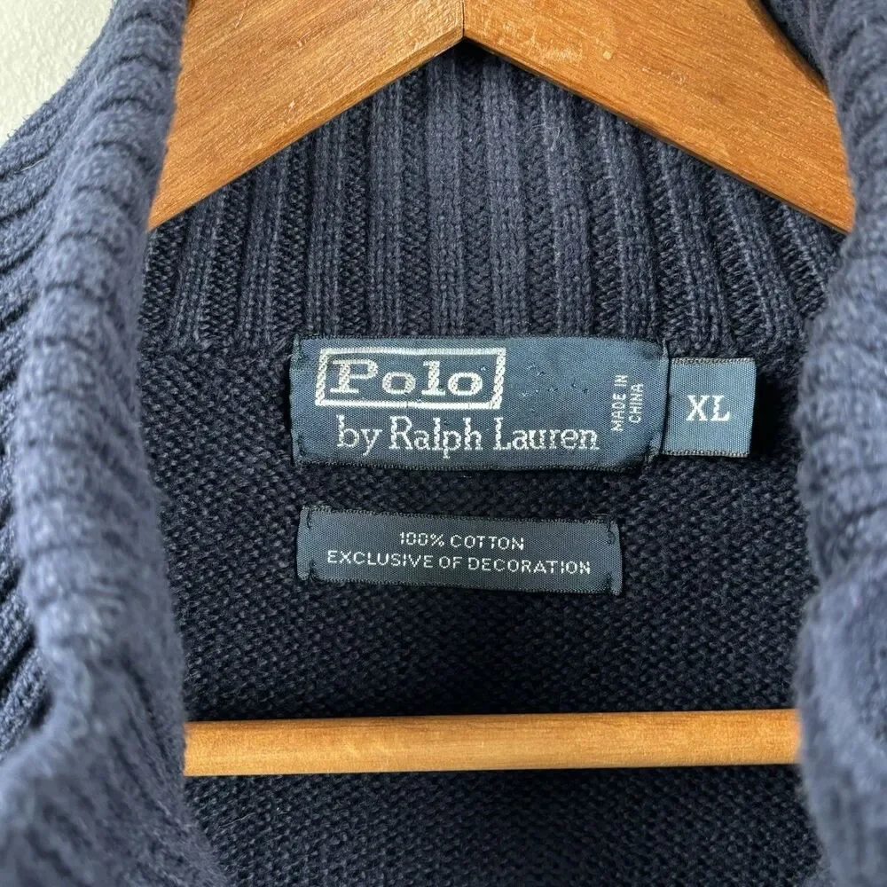 Polo Ralph Lauren Sweater Men XL Navy Estate Rib Shawl Neck Pullover Pony Cotton